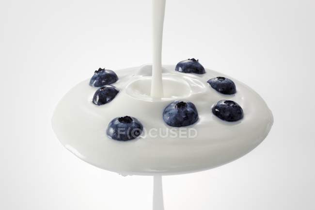 Iogurte derramando em mirtilos — Fotografia de Stock