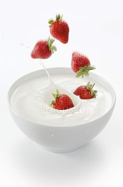 Morangos que caem no iogurte — Fotografia de Stock