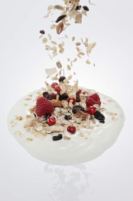 Fruit muesli falling into yogurt — Stock Photo