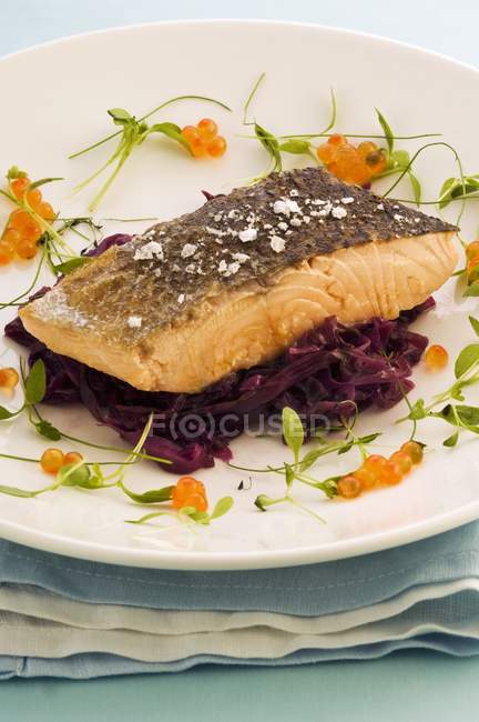 Salmon fillet on red cabbage — Stock Photo