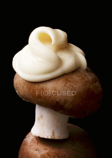 Vista de cerca de un hongo marrón con una cucharada de mayonesa - foto de stock