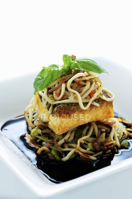 Turbot and udon noodles — Stock Photo