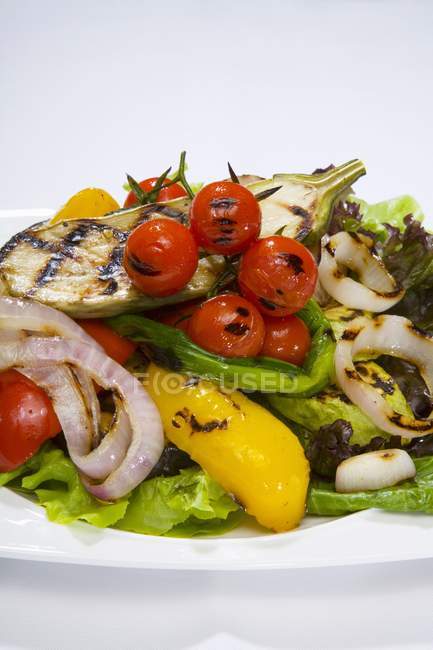 Смешанный салат с овощами на гриле на белой тарелке — стоковое фото
