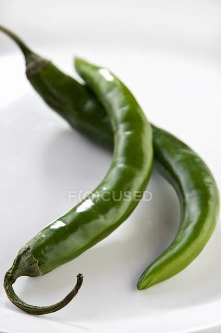 Two green chilli peppers — Stock Photo