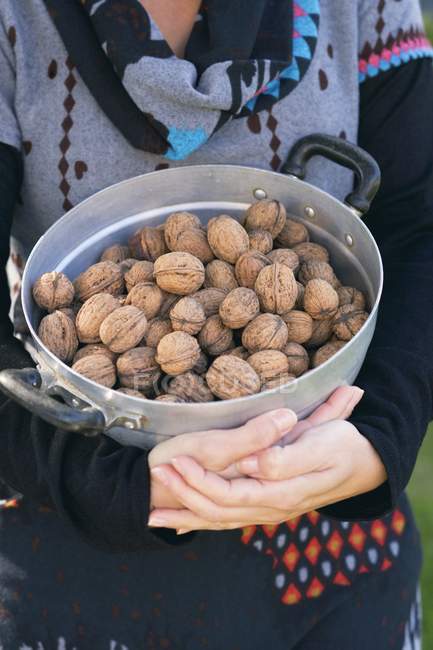 Женщина держит грецкие орехи в руках — стоковое фото
