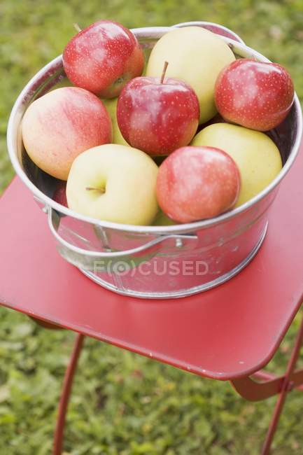 Manzanas frescas en tazón de metal - foto de stock