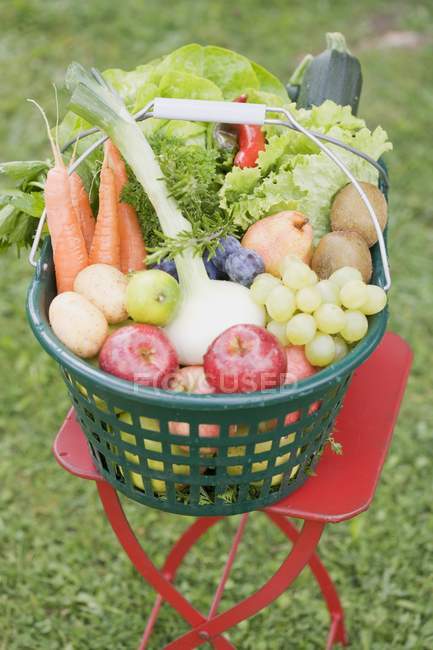Uma cesta de frutas e legumes frescos em uma mesa de jardim — Fotografia de Stock