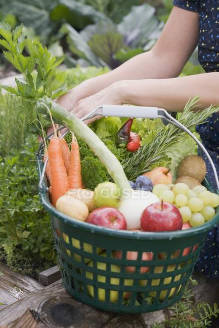 Fresh fruit and vegetables in a basket outdoors — Stock Photo