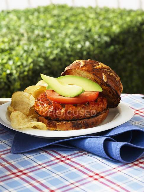 Chicken burger with potato chips — Stock Photo