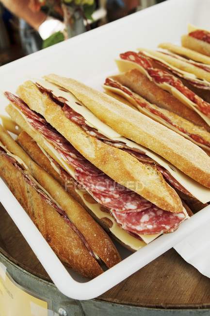 Salami and Cheese on Baguettes — Stock Photo