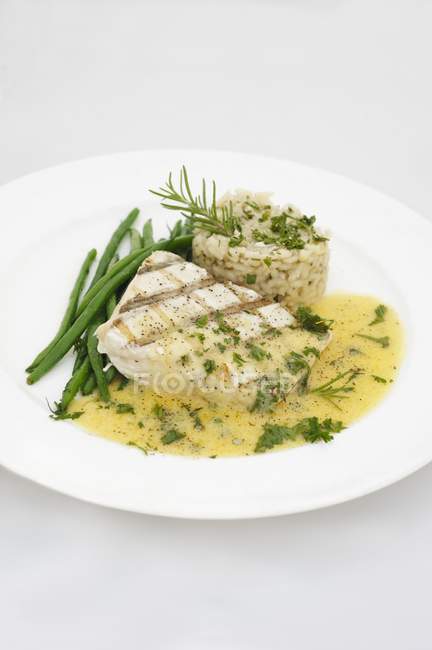 Grilled halibut and rice — Stock Photo