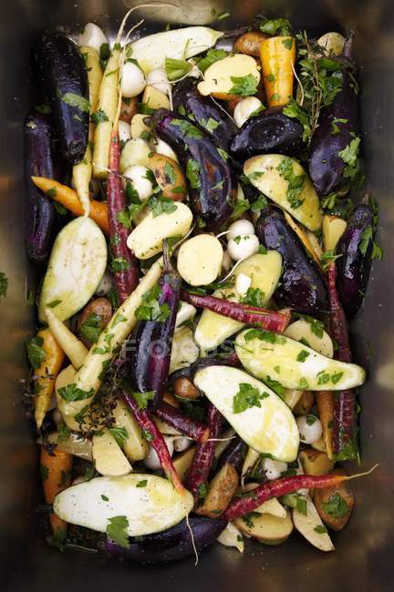 Légumes mélangés assaisonnés prêts à être rôtis au feu — Photo de stock