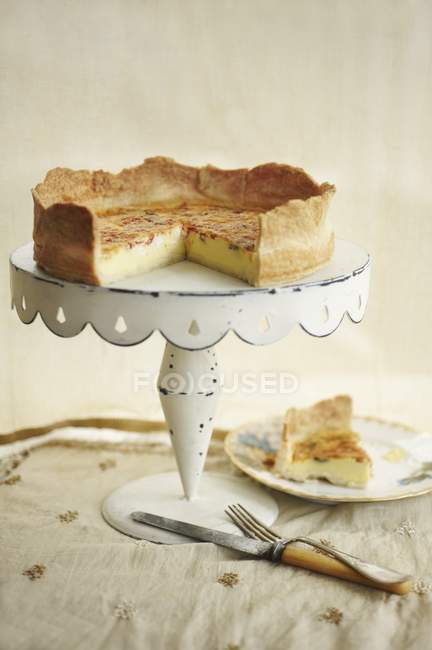 Homemade Quiche on White Cake Stand — Stock Photo