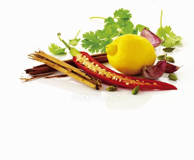 Limone, peperoncino, aglio, foglie di coriandolo e spezie su sfondo bianco — Foto stock