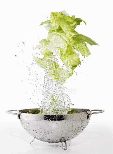 Айсбергский салат вымыт в дуршлаге — стоковое фото