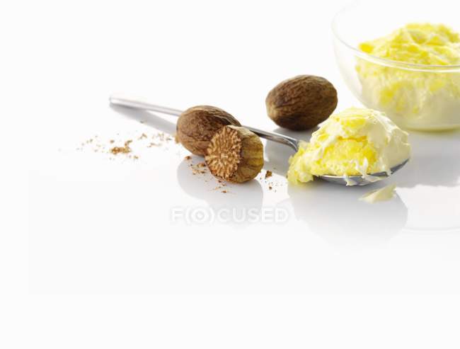 Rice pudding on spoon — Stock Photo