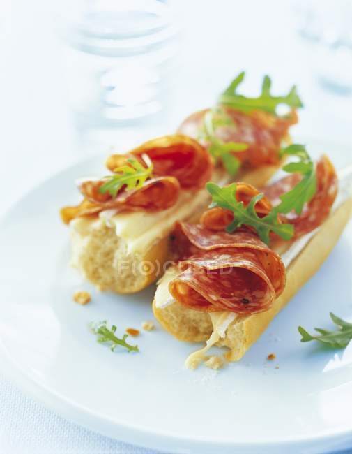 Baguette con salame e rucola — Foto stock