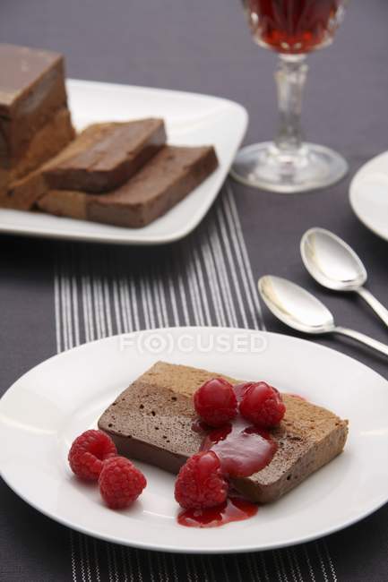 Chocolate mousse cake with raspberries — Stock Photo
