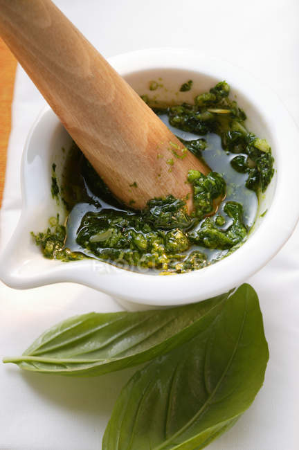 Pesto in a Mortar on the table — Stock Photo