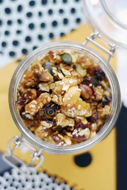 Homemade muesli with oats in jar — Stock Photo