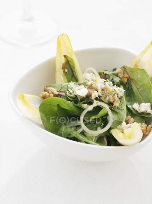 Ein grüner Salat mit Nüssen, Zwiebeln und Dressing auf weißem Teller — Stockfoto