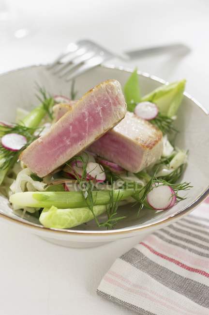 Tuna steak on salad with radishes and dill — Stock Photo