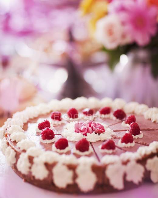 Raspberry cake decorated with cream — Stock Photo