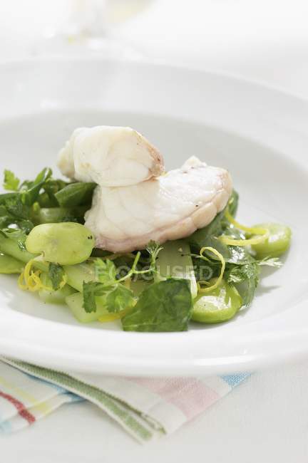 Filetto di merluzzo su un'insalata verde su piatto bianco sopra asciugamano — Foto stock