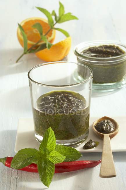 Mint pesto with chili peppers — Stock Photo