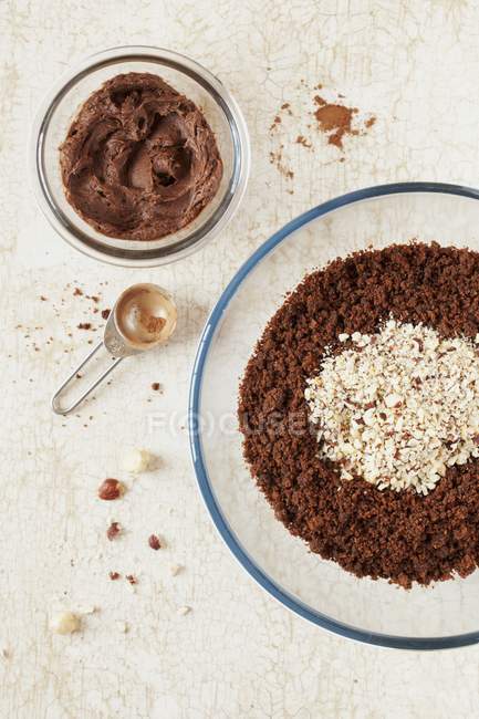 Top view of ingredients for chocolate nut truffles — Stock Photo