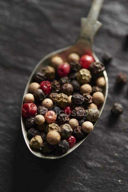 Mixed peppercorns on spoon — Stock Photo