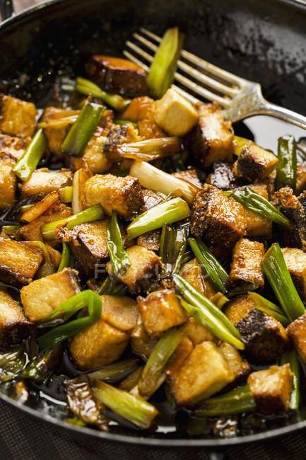 Fried tofu with spring onions — Stock Photo
