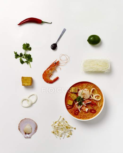 Laksa dish of seafood and noodle soup — Stock Photo