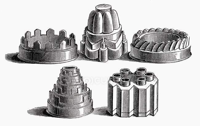 Illustration of various old baking tins on white background — Stock Photo