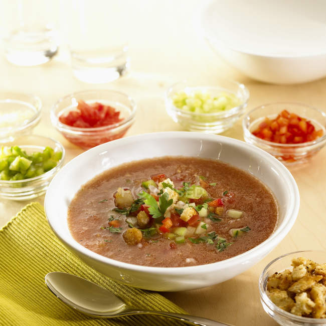 Bowl of Gazpacho with Ingredients — Stock Photo