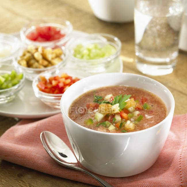 Gazpacho in soup bowl surrounded by ingredients — Stock Photo