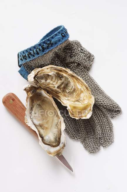 Opened oyster and knife — Stock Photo