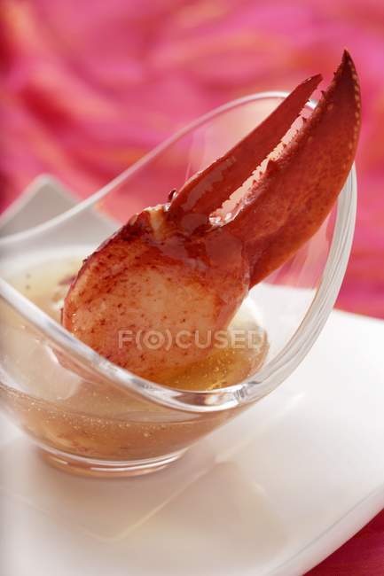 Closeup view of cold lobster consomme with lobster claw in glass dish — Stock Photo