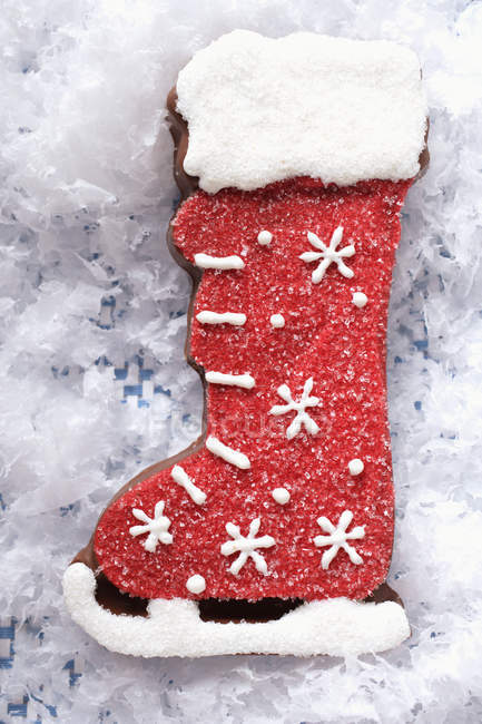 Decorated chocolate boot for Christmas — Stock Photo