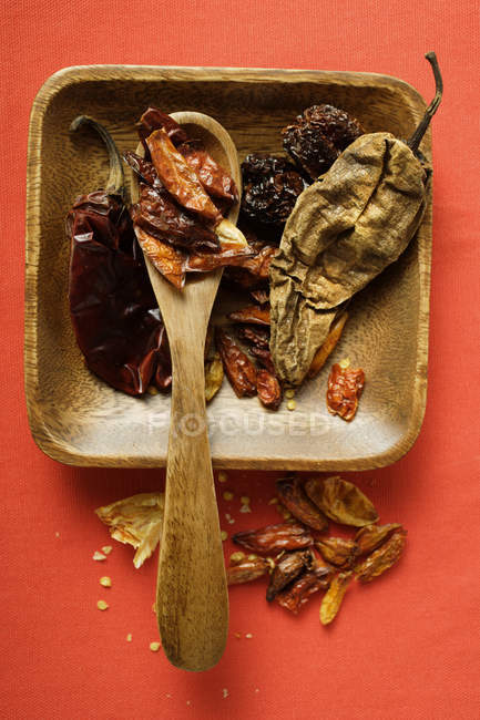Various dried chili peppers — Stock Photo