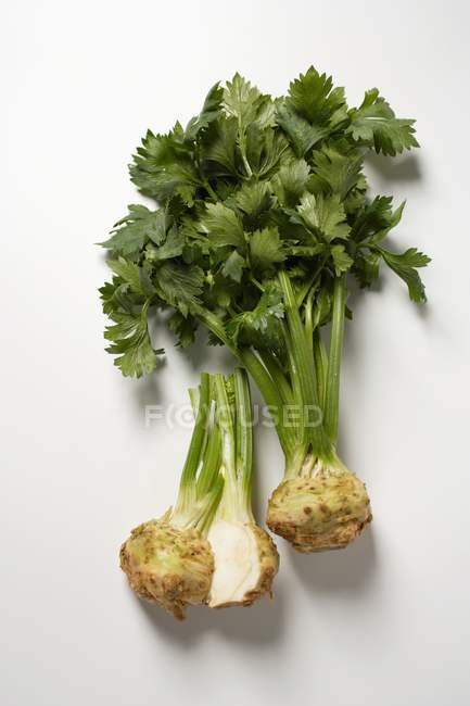 Celeriac, entier et coupé en deux sur fond blanc — Photo de stock
