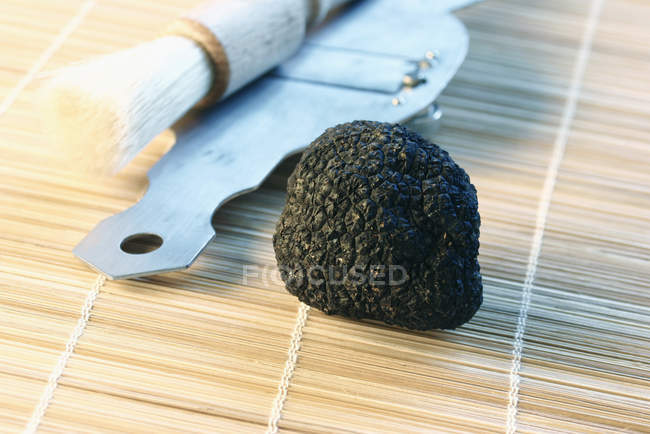 Black truffle with slicer and brush — Stock Photo