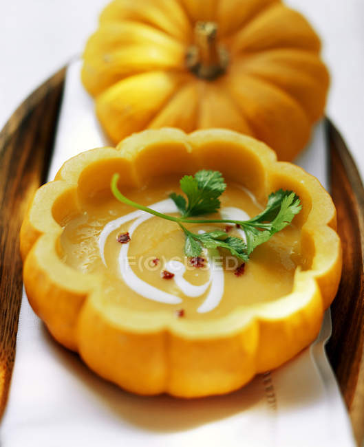 Гарбузовий суп зі сметаною та коріандрою — стокове фото