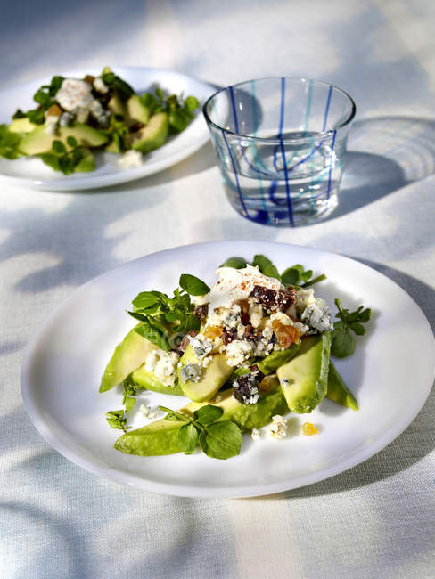 Avocado salad with dried fruit and watercress  on white plate — Stock Photo
