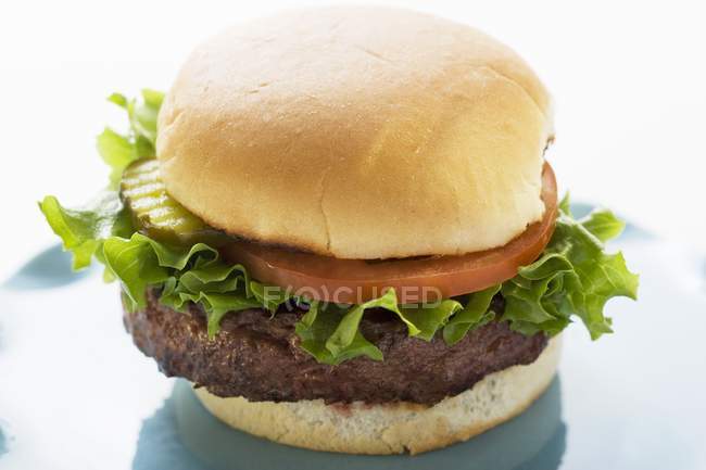 Hamburger avec cornichon et tomate — Photo de stock