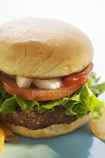 Гамбургер с помидорами и чипсами — стоковое фото