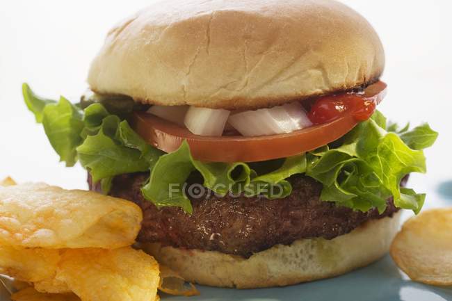 Hamburger with tomato and crisps — Stock Photo
