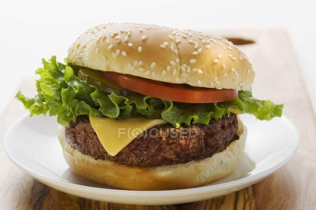 Hambúrguer de queijo com tomate e pepino — Fotografia de Stock