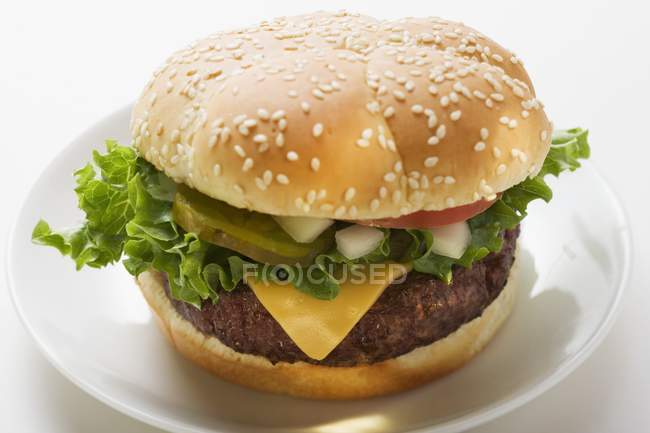 Cheeseburger mit Tomate, Zwiebeln und Gurke — Stockfoto