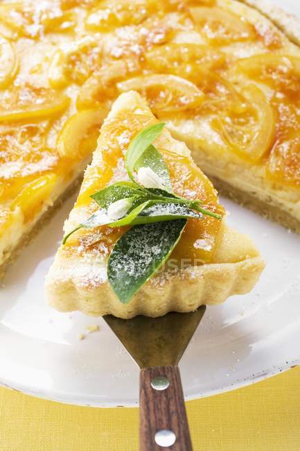 Orange tart with slice on server — Stock Photo